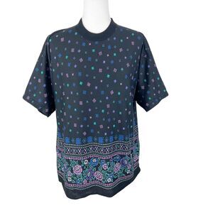 Bella Flora Shirt Women Large Black Floral All Over Print Short Sleeve Vintage